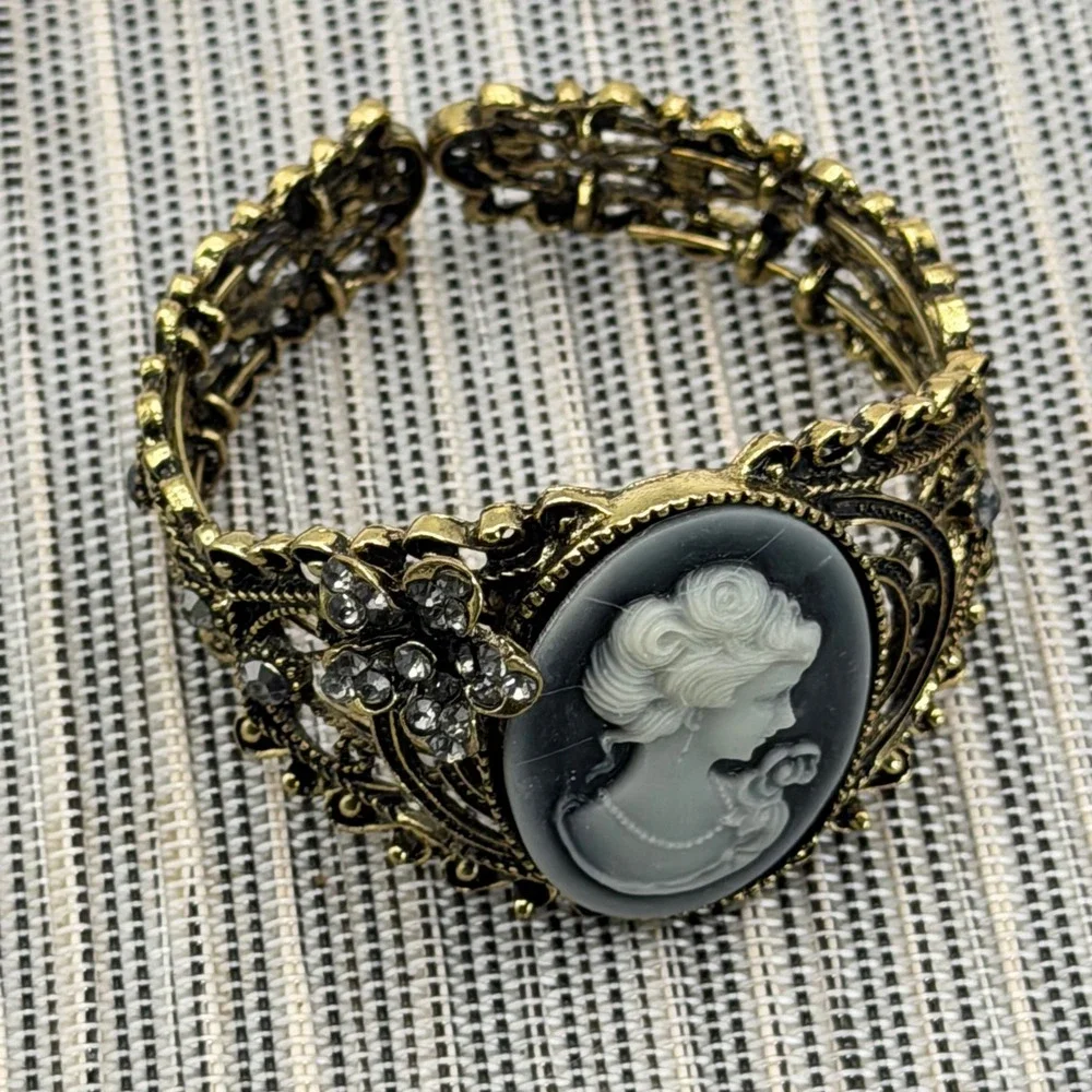 Vintage Victorian Revival Cameo Clamper Bracelet Rhinestone Gold Tone Filigree
